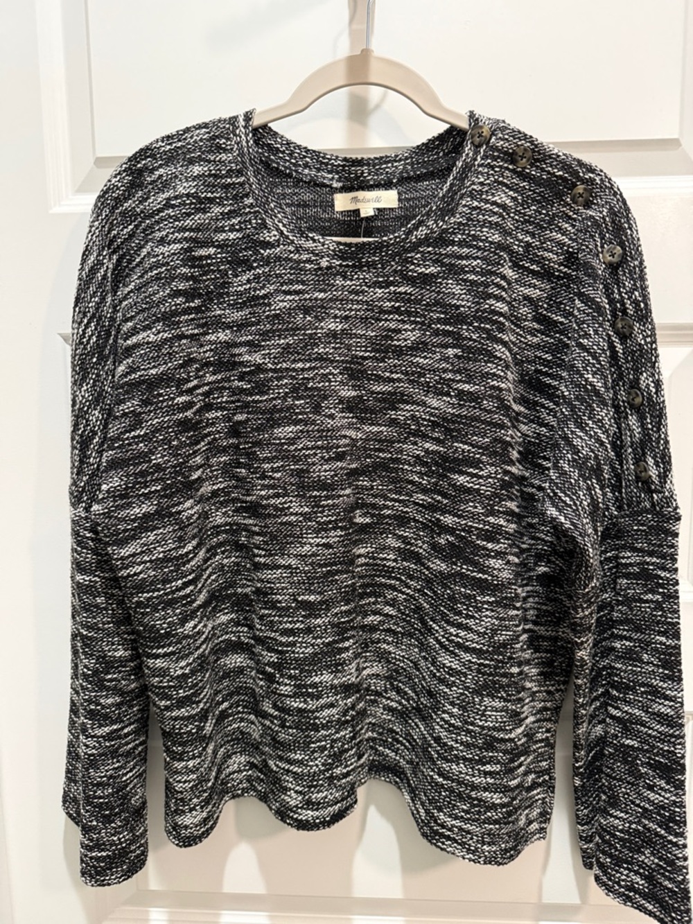 Madewell Black & White Marled Button-Shoulder Crewneck Sweater